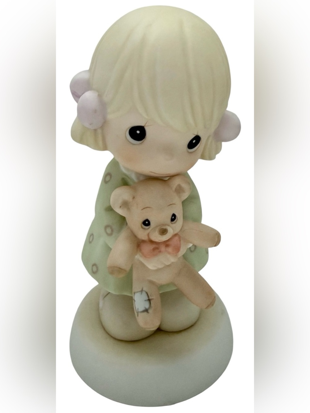 Precious Moments Cream-Haired Porcelain Girl in Pale Green Dress with Teddy